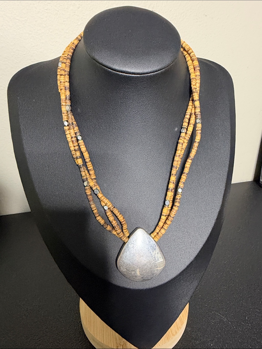 Cookie Lee Handcrafted Boho Brown Beaded Necklace Silver Teardrop Pendant